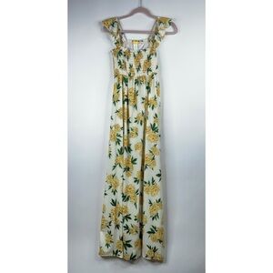 Agua Bendita Leandra Dress White Yellow Floral Maxi Smocked Side Slits Small